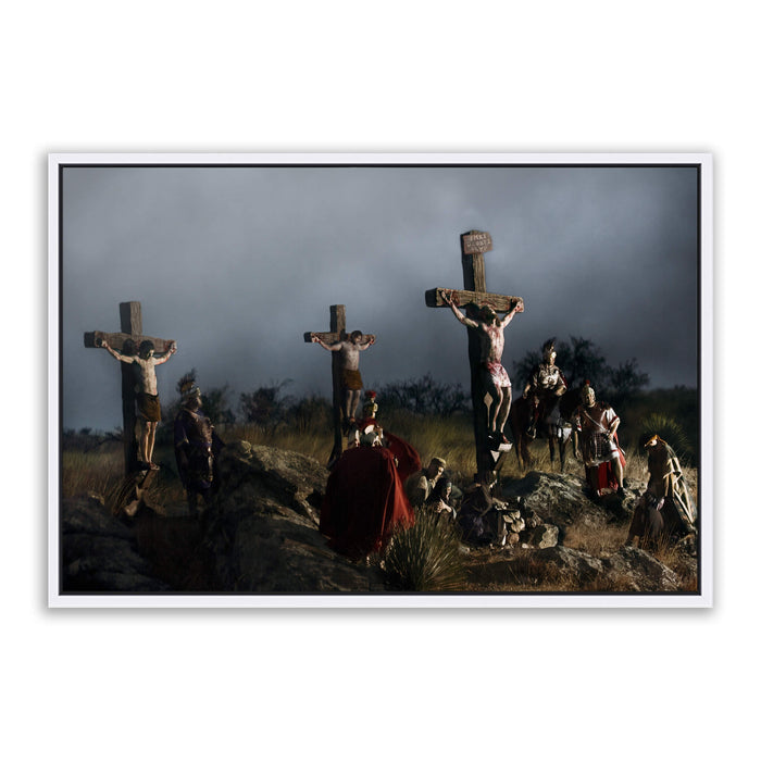 Jesus Christ 'Crucifixion' scene. Modern Christian wall art on metal with white frame by Reflections of Christ.