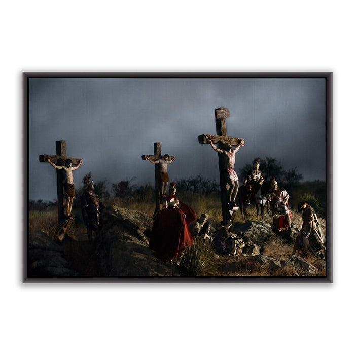 Jesus Christ 'Crucifixion' scene. Modern Christian wall art on canvas with black frame by Reflections of Christ.