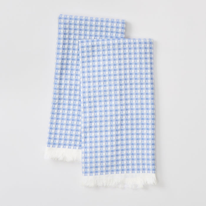 Two blue and white checkered towels on a light gray background
