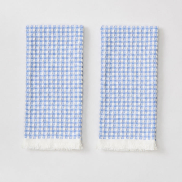 Two blue and white checkered towels on a light gray background