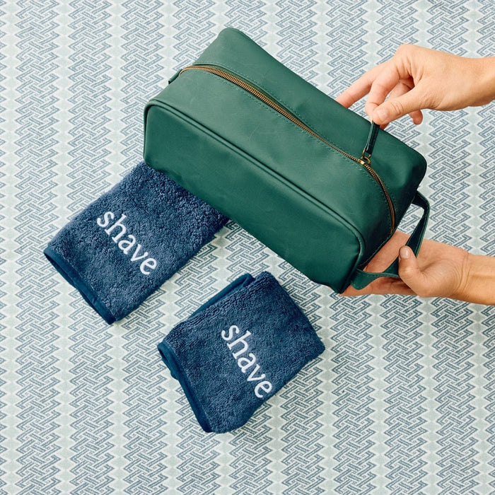 Dopp Kit in Hunter Green with the navy Shave Towels