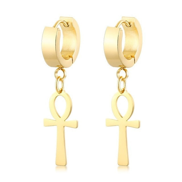Drop Cross Earring Mens Egyptian Ankh Michael Hang Dangle Earrings Black Stainless Steel Male Punk Jewelry