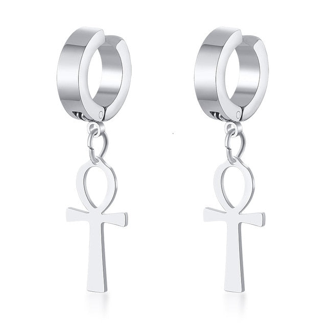 Drop Cross Earring Mens Egyptian Ankh Michael Hang Dangle Earrings Black Stainless Steel Male Punk Jewelry