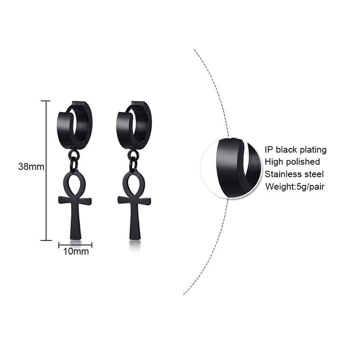 Drop Cross Earring Mens Egyptian Ankh Michael Hang Dangle Earrings Black Stainless Steel Male Punk Jewelry