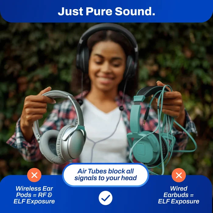 EMF Radiation-Free Air Tube Over-Ear Headphones with Built-In Mic and Full-Range Stereo Sound