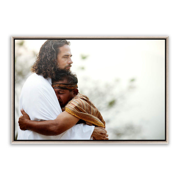 Jesus Christ 'Empathy' embrace. Realistic Christian art work on metal with silver frame by Reflections of Christ.