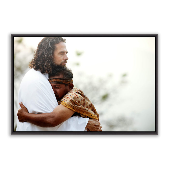 Jesus Christ 'Empathy' embrace. Realistic Christian art work on metal with black frame by Reflections of Christ.