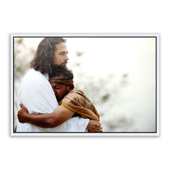 Jesus Christ 'Empathy' embrace. Realistic Christian art work on metal with white frame by Reflections of Christ.