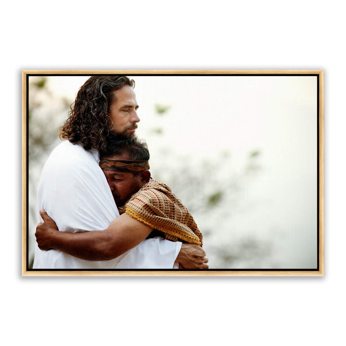 Jesus Christ 'Empathy' embrace. Realistic Christian art work on canvas with gold frame by Reflections of Christ.