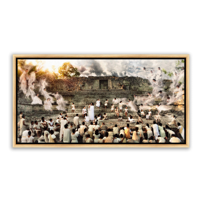 Jesus Christ blessing children. 'Encircled by Angels' modern Christian art work on canvas with gold frame by Reflections of Christ.