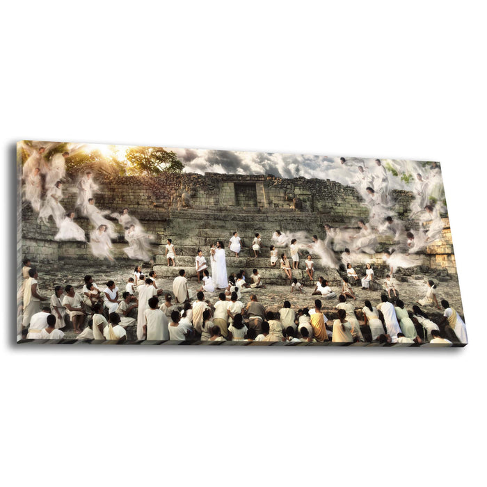 Jesus Christ blessing children. 'Encircled by Angels' modern Christian art work on canvas by Reflections of Christ.