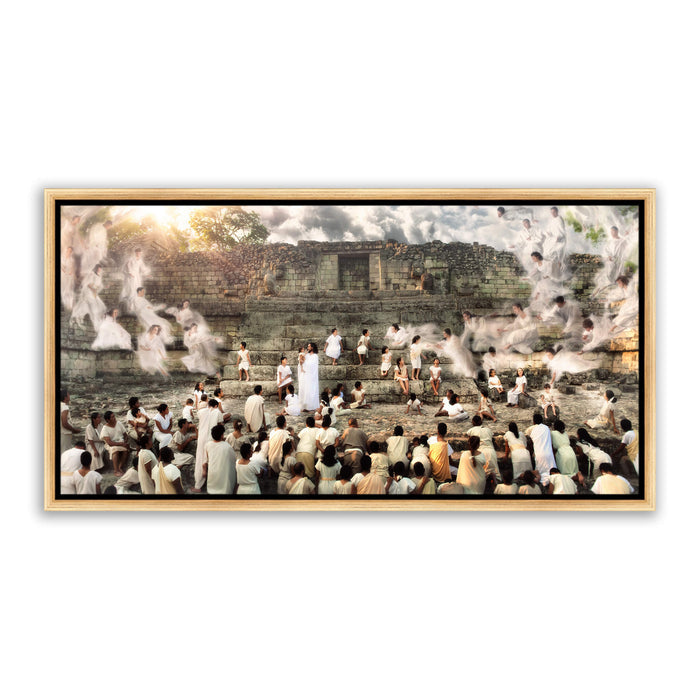 Jesus Christ blessing children. 'Encircled by Angels' modern Christian art work on metal with gold frame by Reflections of Christ.