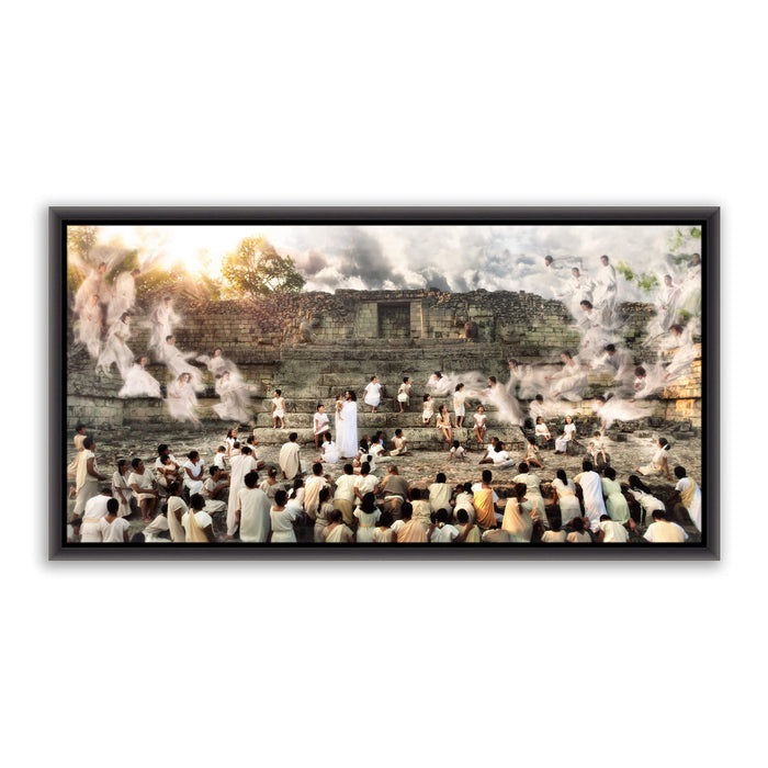 Jesus Christ blessing children. 'Encircled by Angels' modern Christian art work on metal with black frame by Reflections of Christ.