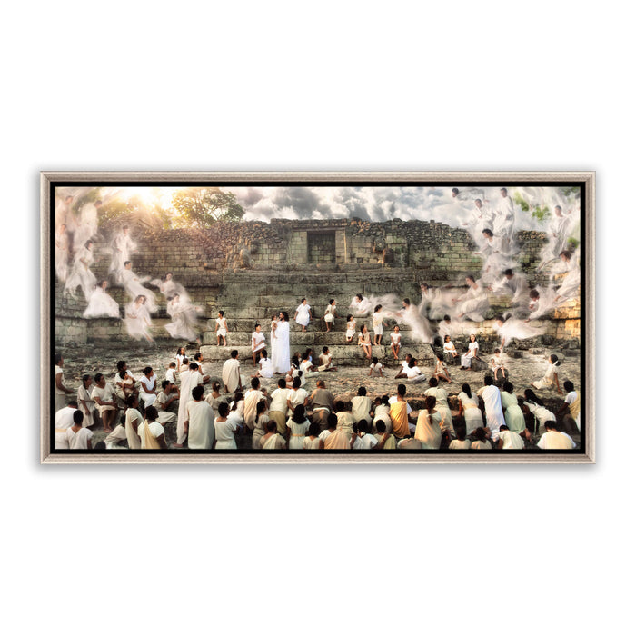 Jesus Christ blessing children. 'Encircled by Angels' modern Christian art work on metal with silver frame by Reflections of Christ.