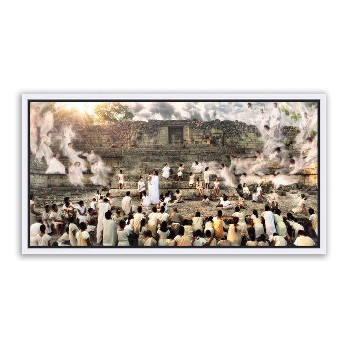 Jesus Christ blessing children. 'Encircled by Angels' modern Christian art work on metal with white frame by Reflections of Christ.