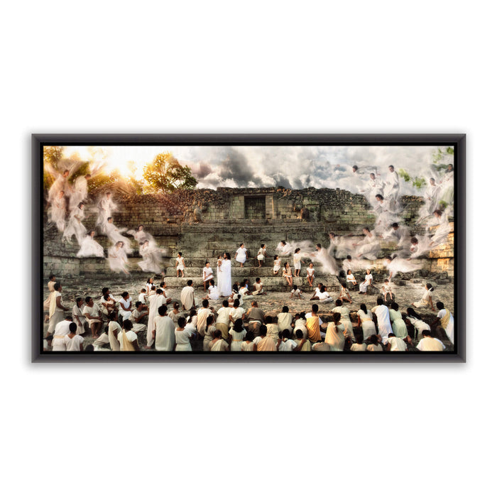 Jesus Christ blessing children. 'Encircled by Angels' modern Christian art work on canvas with black frame by Reflections of Christ.