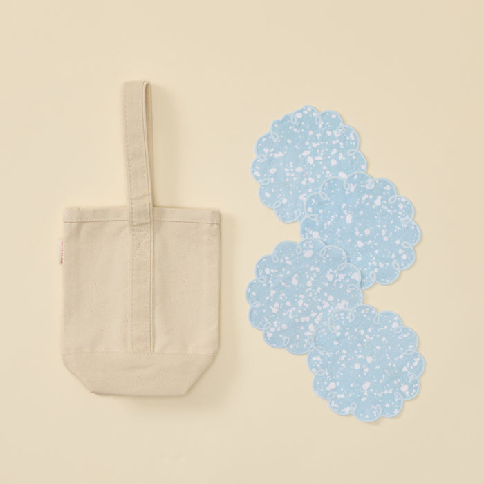 Plain natural canvas wine tote bag and 4 blue speckle cocktail napkin.