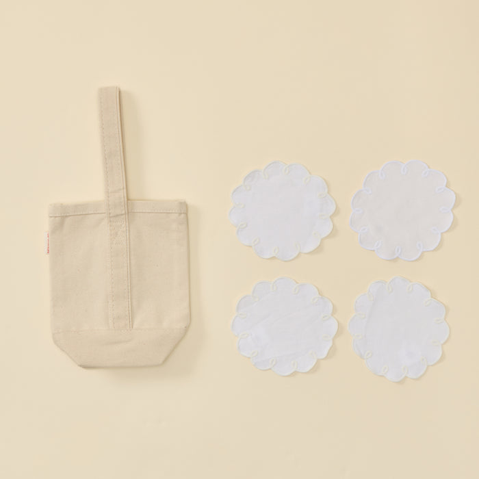 Plain natural canvas wine tote bag and 4 white cocktail napkins.