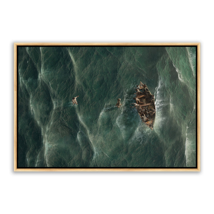 Jesus Christ walking on water with Peter. 'Eyes on Jesus' Realistic Christian art work on canvas with gold frame by Reflections of Christ.