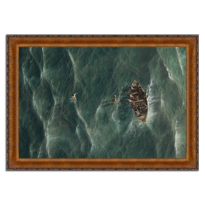 Aerial painting of Matthew 14 on the Sea of Galilee. Jesus walking on water on the left, Peter mid-step in the middle, disciples watching from a wooden boat on the right. By Mark Mabry and Pieter Van Tonder.