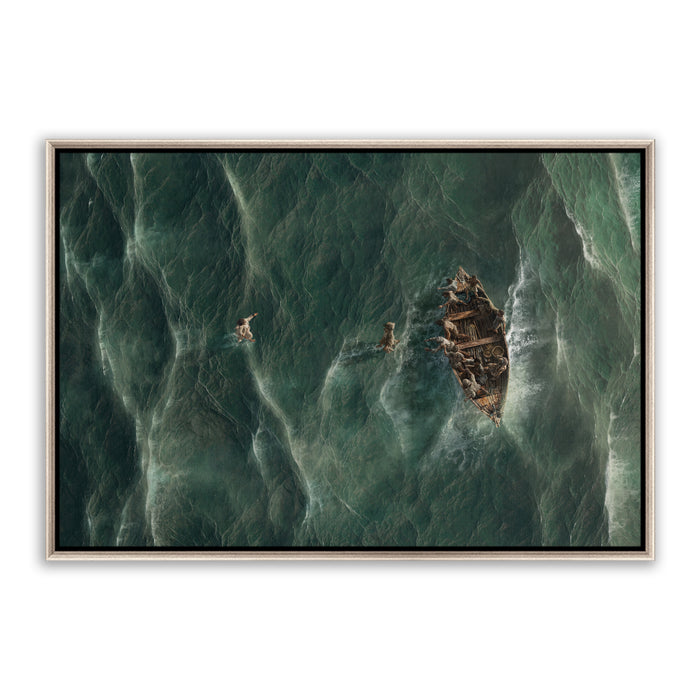 Jesus Christ walking on water with Peter. 'Eyes on Jesus' Realistic Christian art work on canvas with silver frame by Reflections of Christ.
