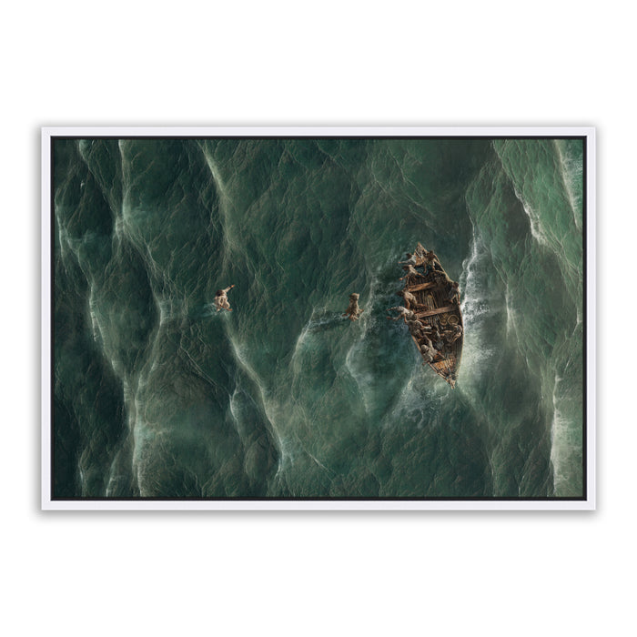 Jesus Christ walking on water with Peter. 'Eyes on Jesus' Realistic Christian art work on canvas with white frame by Reflections of Christ.