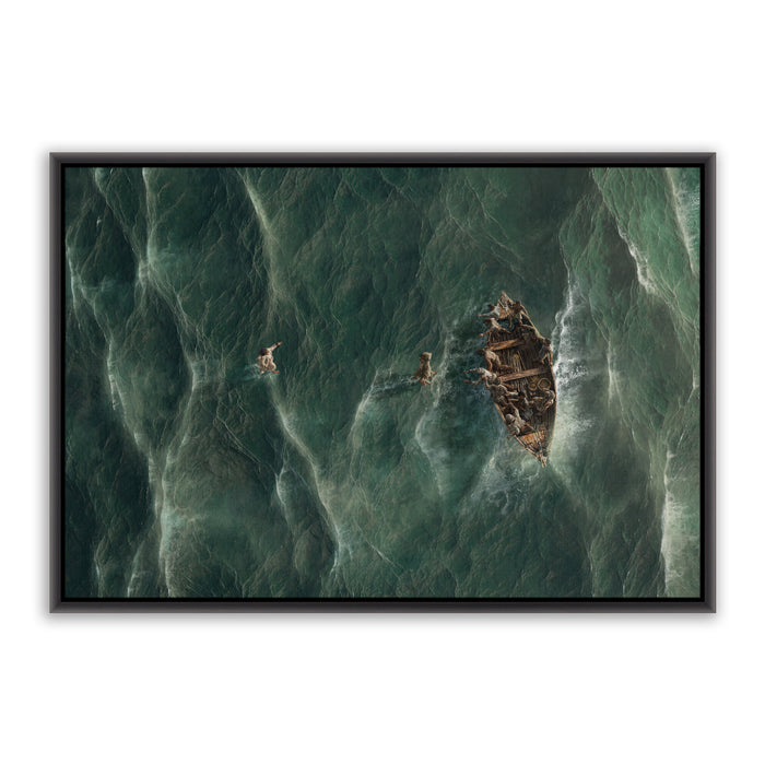 Jesus Christ walking on water with Peter. 'Eyes on Jesus' Realistic Christian art work on canvas with black frame by Reflections of Christ.
