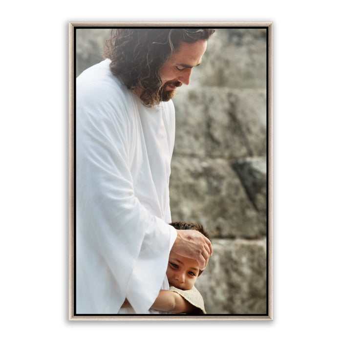 Resurrected Jesus Christ images. 'First Instinct' realistic Christian paintings on metal with silver frame by Reflections of Christ.