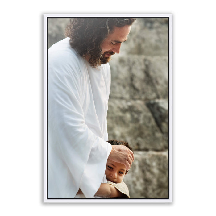 Resurrected Jesus Christ images. 'First Instinct' realistic Christian paintings on metal with white frame by Reflections of Christ.