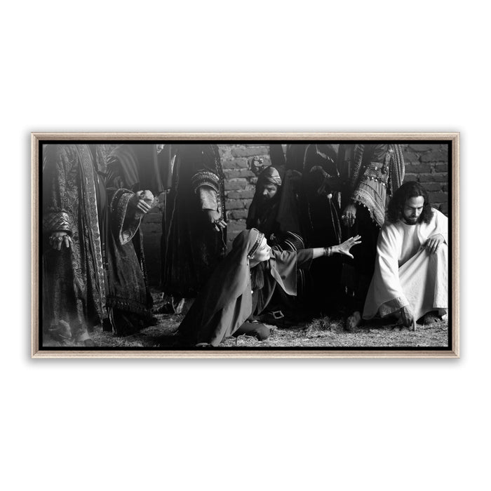"Jesus Christ 'First Stone' story. Modern Christian art work on metal with silver frame by Reflections of Christ.