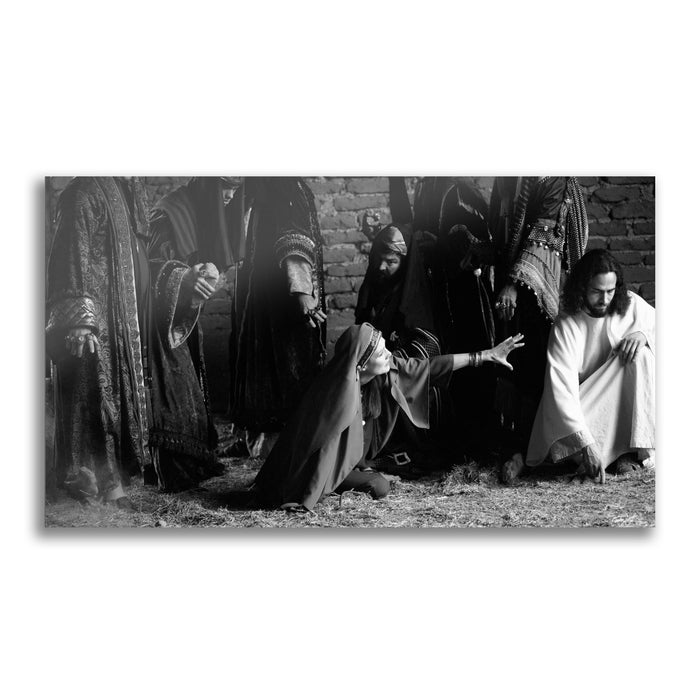 "Jesus Christ 'First Stone' story. Modern Christian art work on metal by Reflections of Christ.