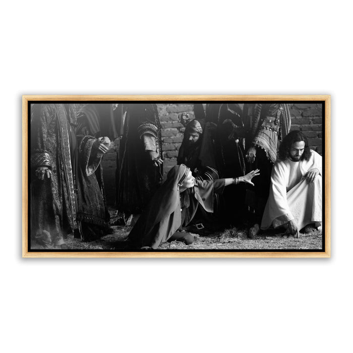 "Jesus Christ 'First Stone' story. Modern Christian art work on metal with gold frame by Reflections of Christ.