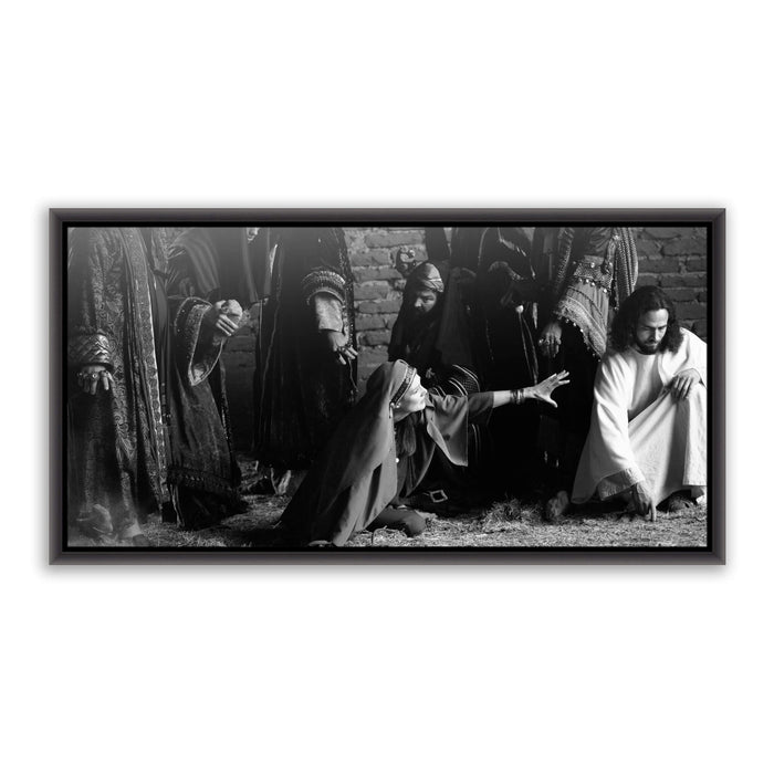 "Jesus Christ 'First Stone' story. Modern Christian art work on metal with black frame by Reflections of Christ.