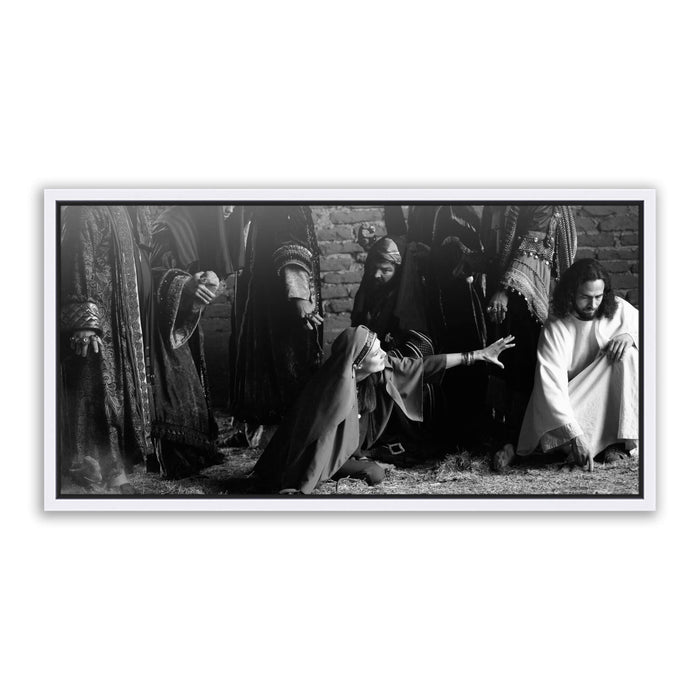"Jesus Christ 'First Stone' story. Modern Christian art work on metal with white frame by Reflections of Christ.