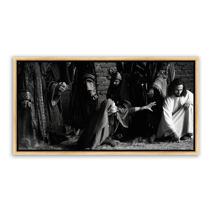 "Jesus Christ 'First Stone' story. Modern Christian art work on canvas with gold frame by Reflections of Christ.