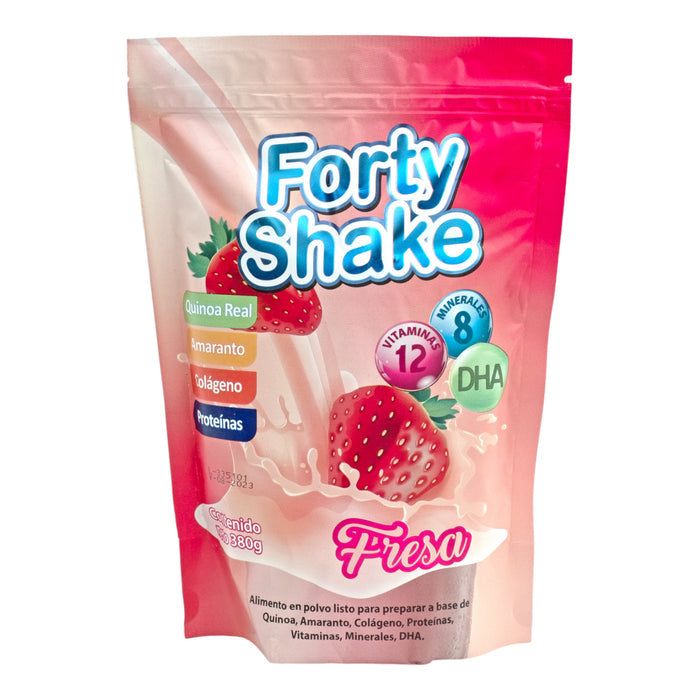 Envase de batido Forty Shake sabor frutilla.