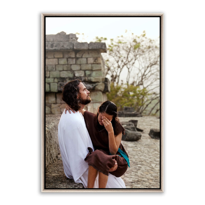 Modern Christian photo. 'Healing in His Wings' Savior Jesus on metal with silver frame by Reflections of Christ.