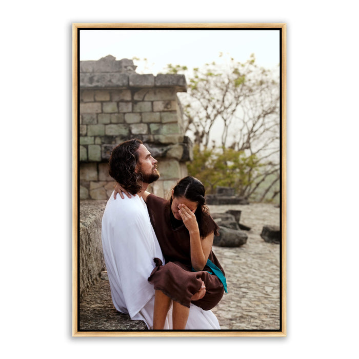Modern Christian photo. 'Healing in His Wings' Savior Jesus on metal with gold frame by Reflections of Christ.