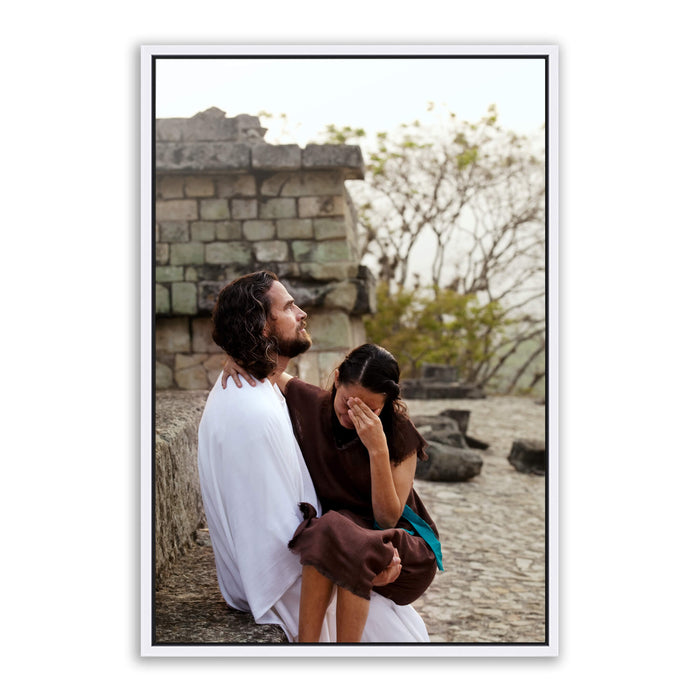 Modern Christian photo. 'Healing in His Wings' Savior Jesus on metal with white frame by Reflections of Christ.