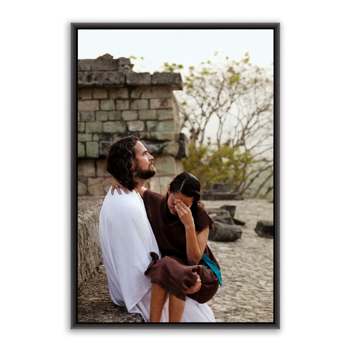 Modern Christian photo. 'Healing in His Wings' Savior Jesus on canvas with black frame by Reflections of Christ.
