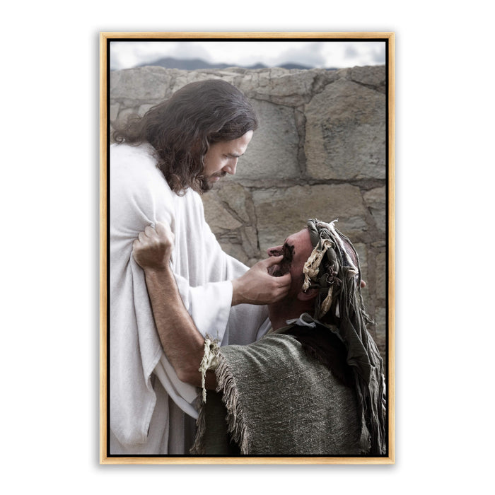Jesus Christ 'Healing' the blind man. Realistic Christian art work on metal  with gold frame by Reflections of Christ.
