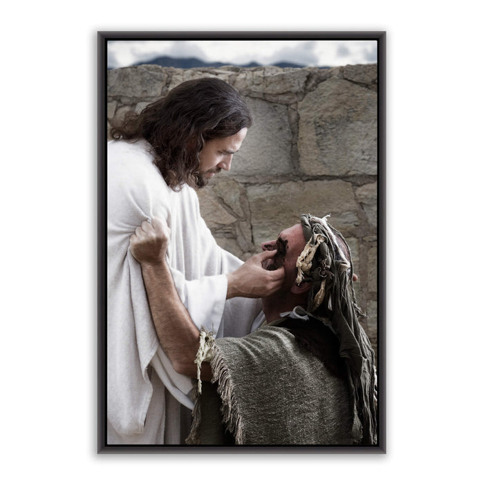 Jesus Christ 'Healing' the blind man. Realistic Christian art work on canvas  with black frame by Reflections of Christ.