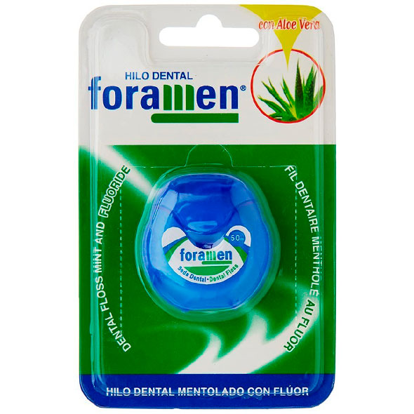 Envase de hilo dental Foramen Mentolado con Flúor.