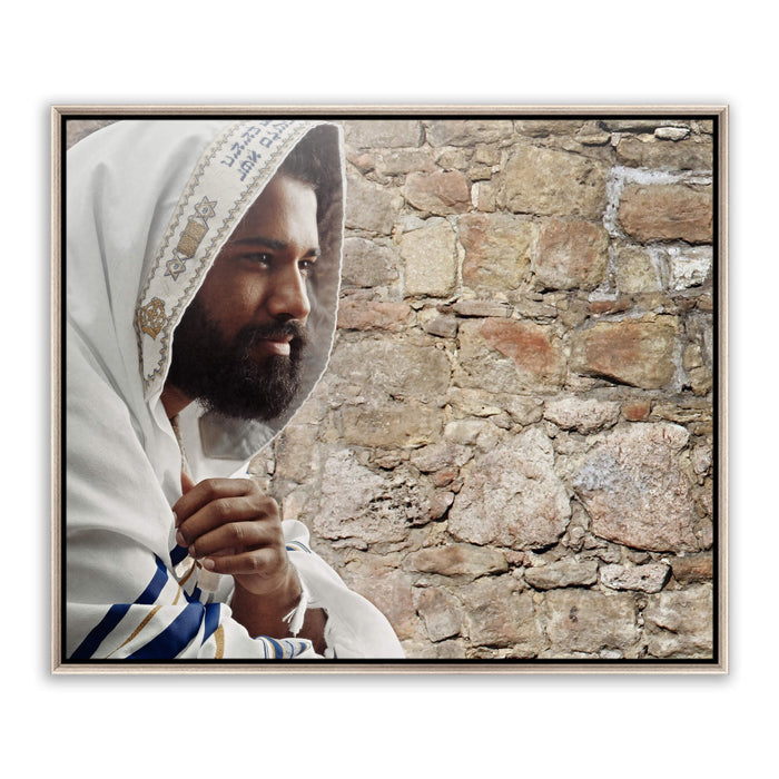 Jesus Christ 'Hope of Israel' in tallit. Realistic Christian portrait on metal with silver frame by Reflections of Christ.