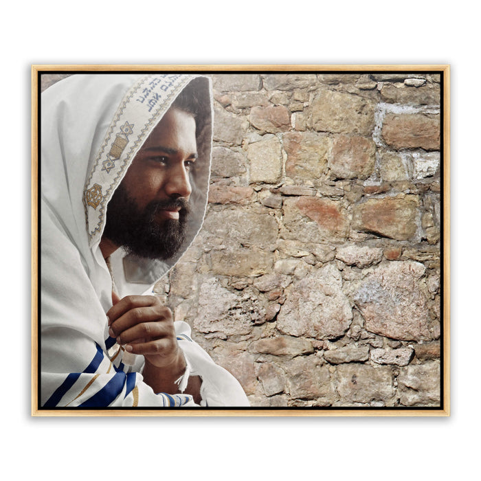 Jesus Christ 'Hope of Israel' in tallit. Realistic Christian portrait on metal with gold frame by Reflections of Christ.
