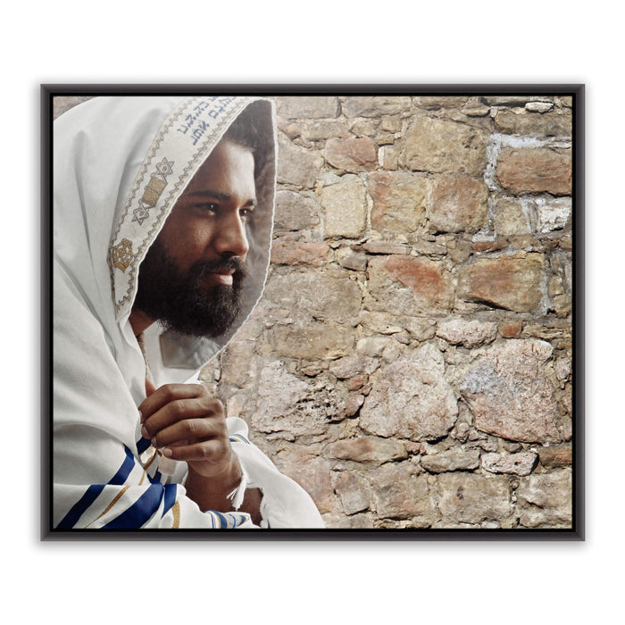 Jesus Christ 'Hope of Israel' in tallit. Realistic Christian portrait on metal with black frame by Reflections of Christ.
