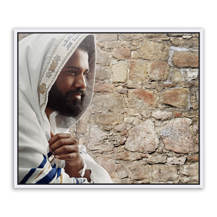 Jesus Christ 'Hope of Israel' in tallit. Realistic Christian portrait on metal with white frame by Reflections of Christ.