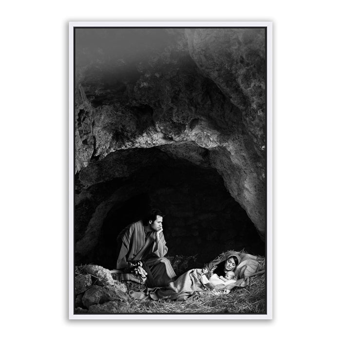 Jesus Christ birth scene. 'Husband' modern Christian wall art on metal with white frame by Reflections of Christ.