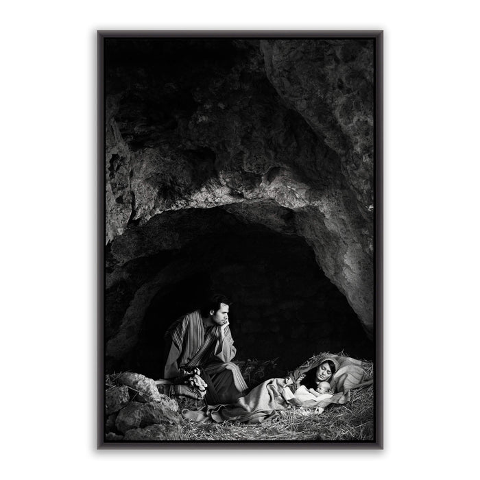 Jesus Christ birth scene. 'Husband' modern Christian wall art on canvas with black frame by Reflections of Christ.