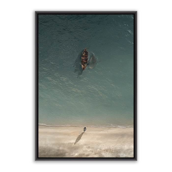 Jesus Christ 'Before the Catch' boat scene. Modern realistic Christian paintings on canvas with black frame by Reflections of Christ.